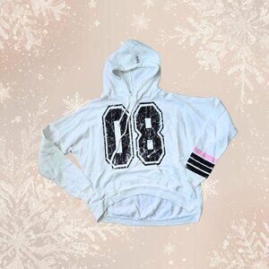 Lucy Girls Hoodie – Youth Medium White “08” Pullover with Striped Sleeve